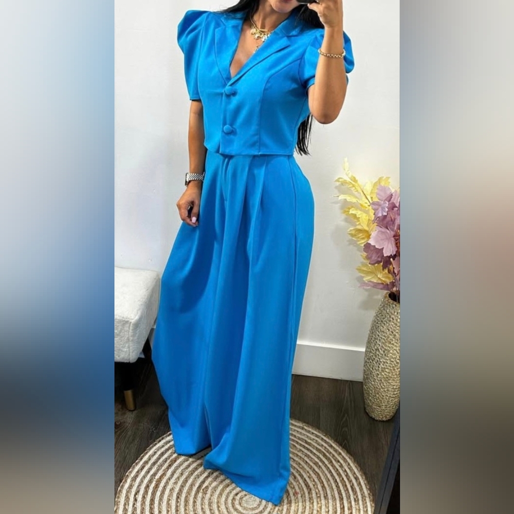 Chic Blue Button-Up Palazzo Pants Set